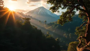 Snow-covered mountain peak with scenic forest landscape.