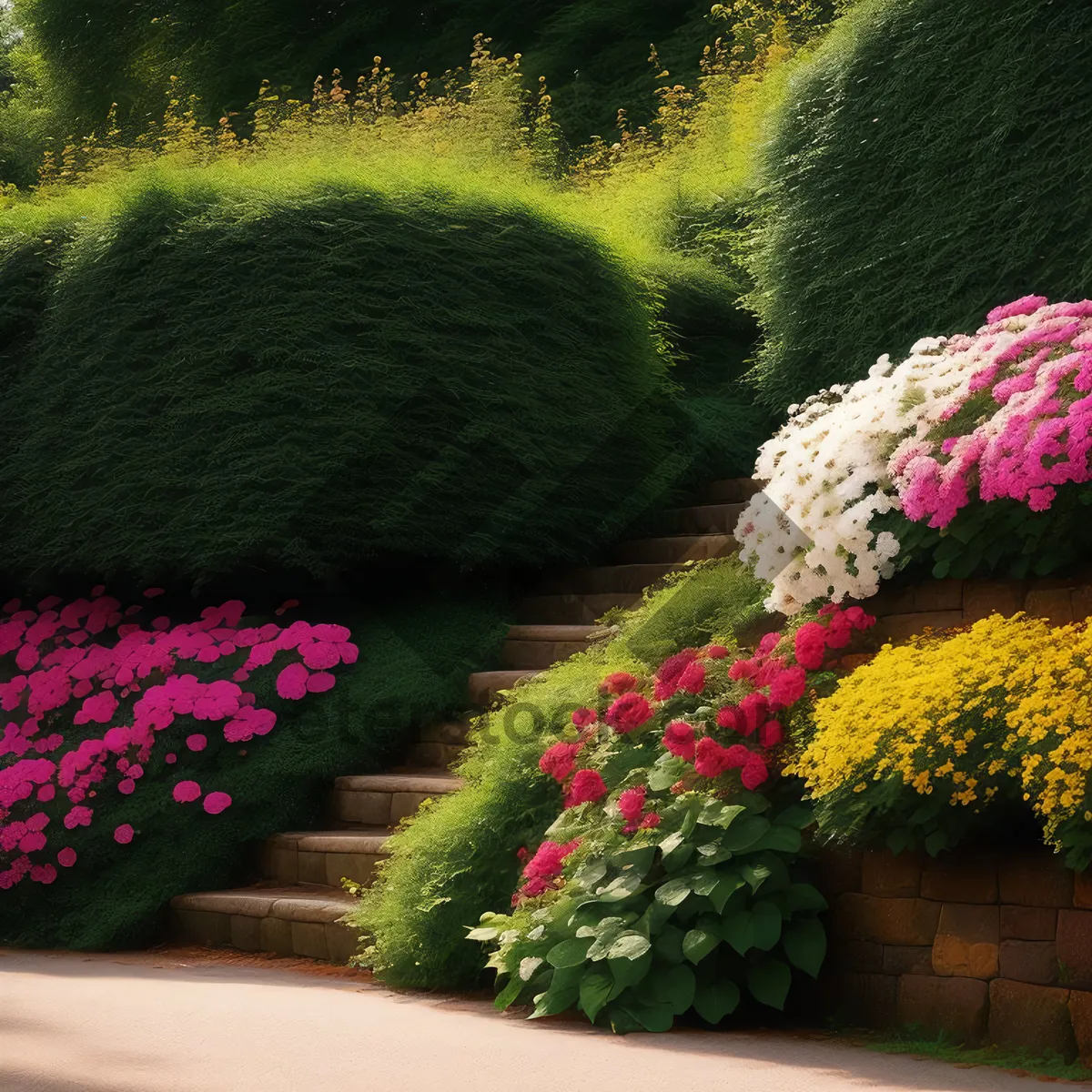 Picture of Summer garden landscape with yarrow flowers and trees.