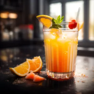 Refreshing orange juice in a glass with ice.