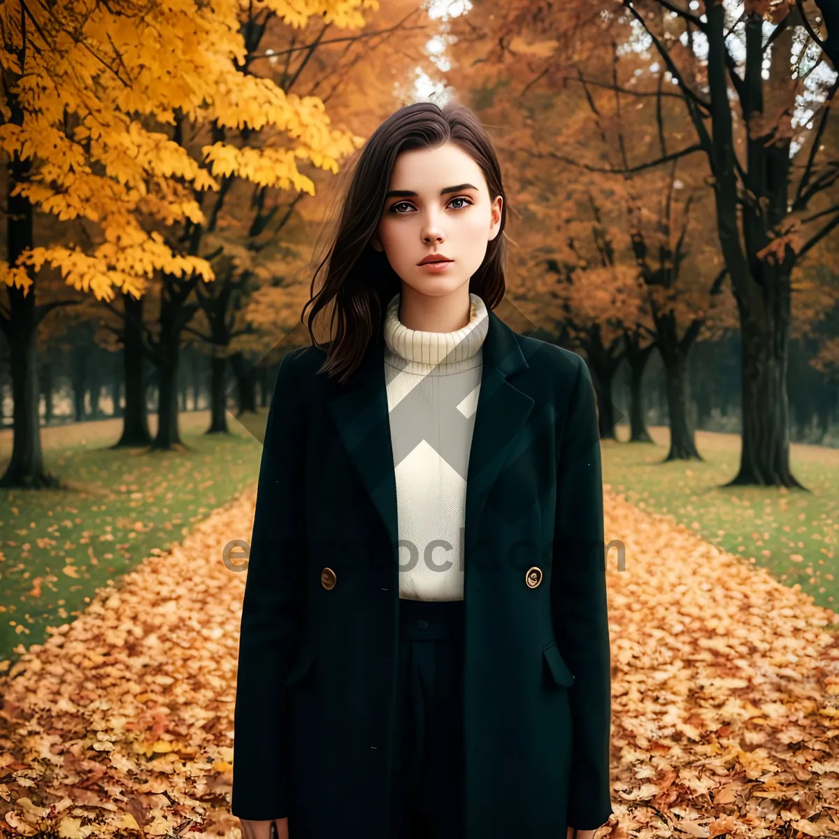 Picture of Stylish Smiling Brunette Fashion Model in Autumn Park