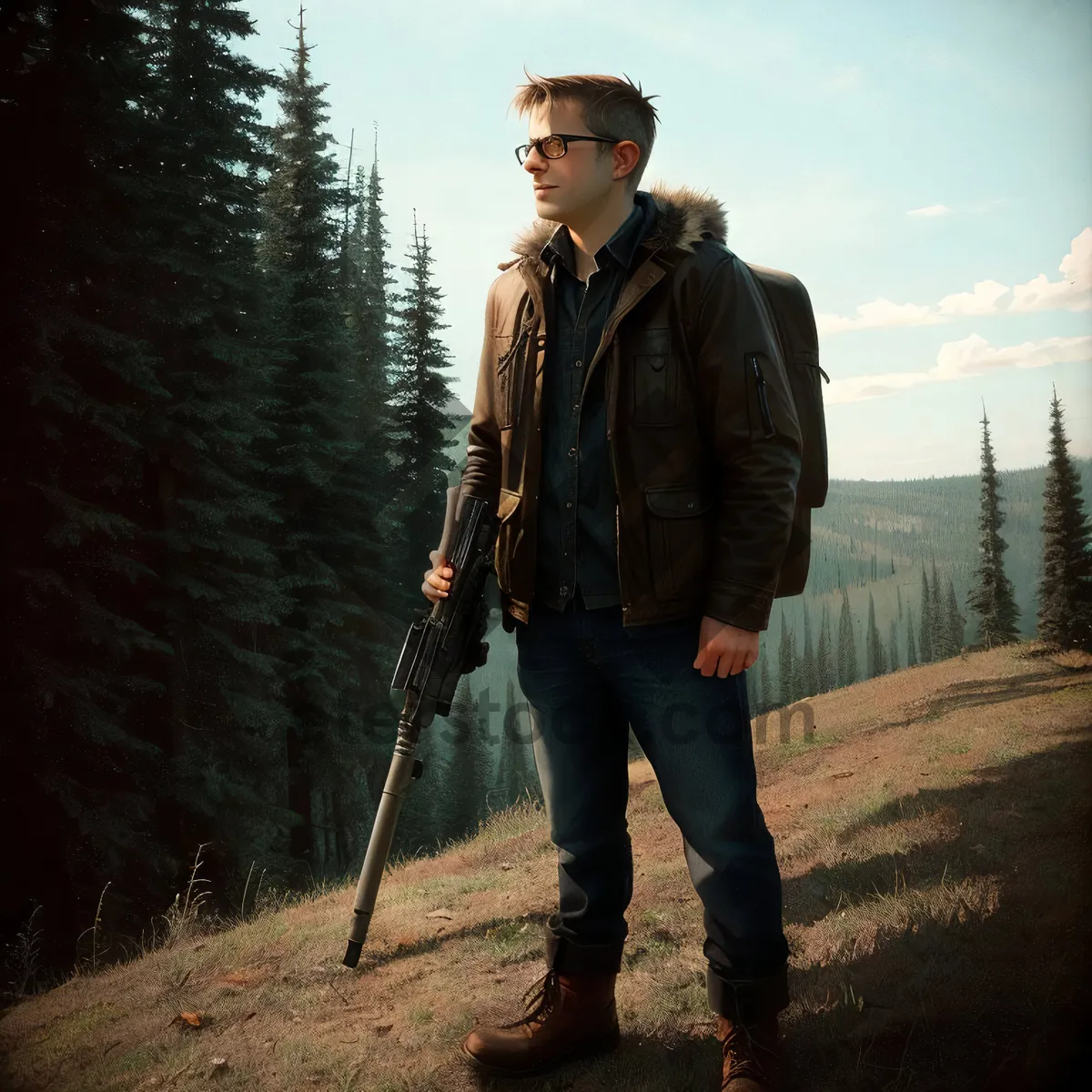 Picture of Male hiker using metal detector on outdoor hike.