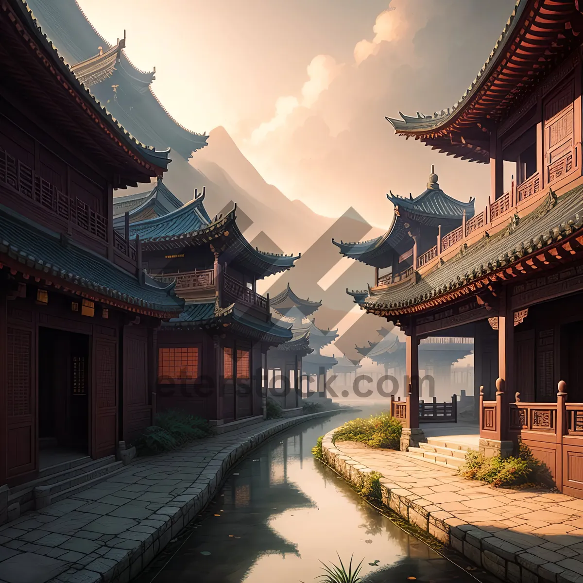 Picture of Exquisite ancient Chinese temple with panoramic city view