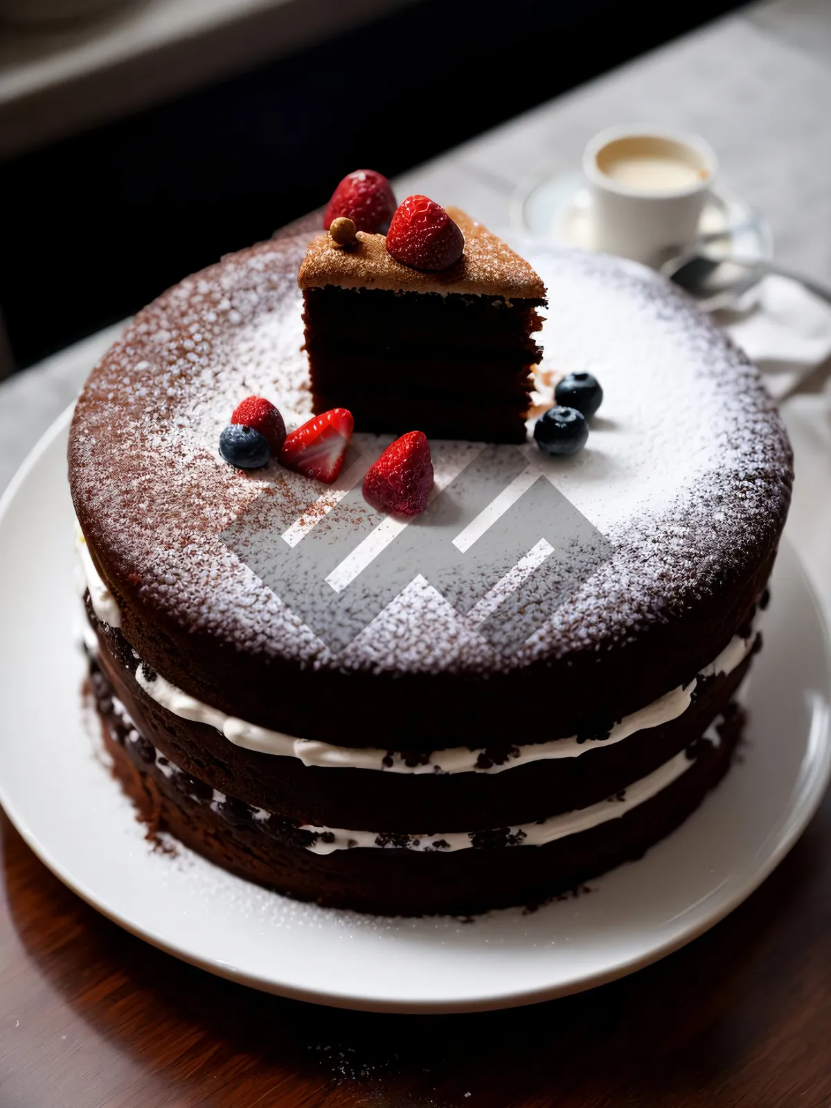 Picture of Delicious chocolate raspberry cake with mint garnish.