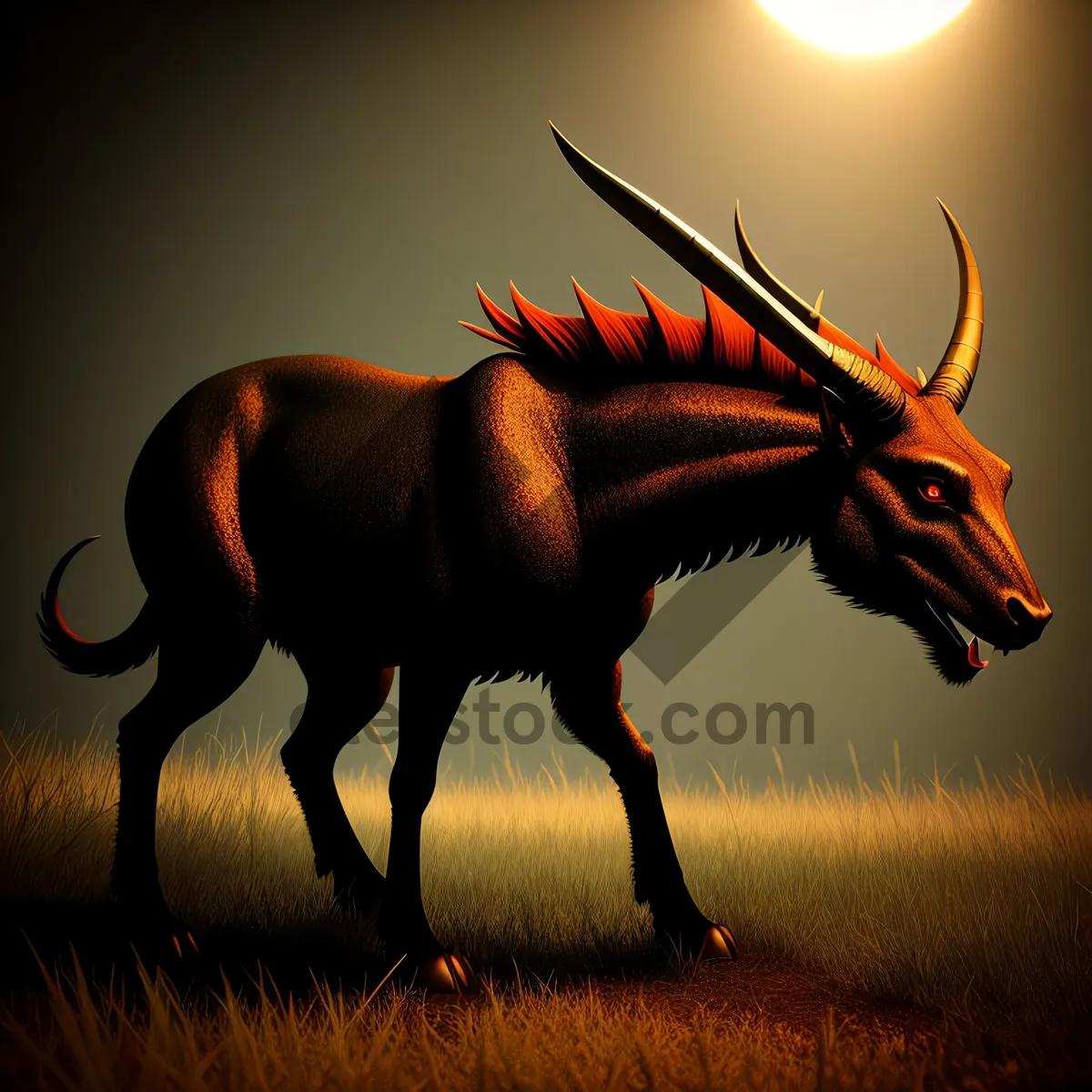 Picture of Sunset Silhouette: Majestic Wild Bull in Twilight Sky