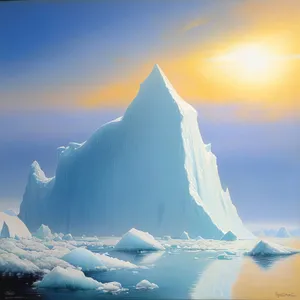 Snow-capped Arctic mountain peak reflecting in glacier