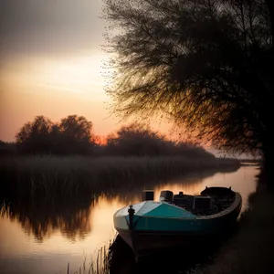 Serene Sunset on Lakeside; Boat Reflecting on Calm Waters