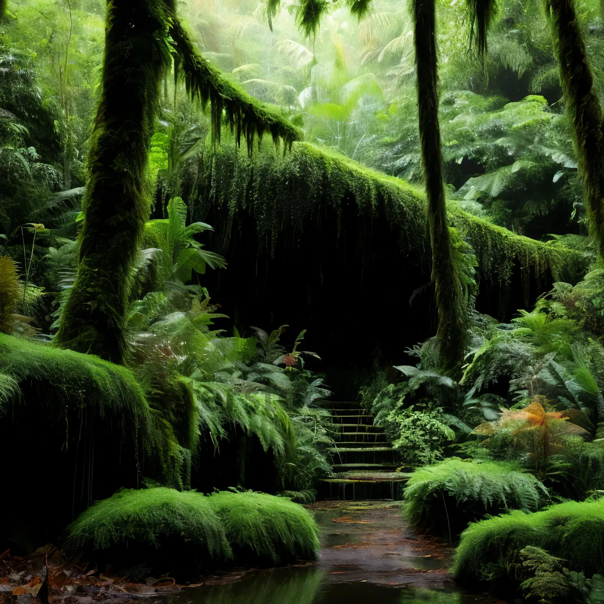 Picture of Lush Rainforest Foliage in Tranquil Woodland Environment