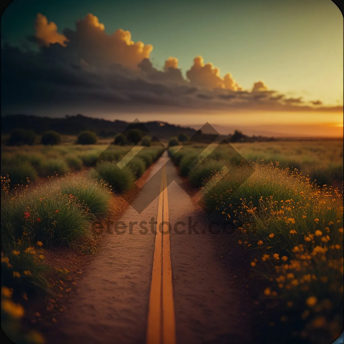 Picture of Golden Horizon: Sun-kissed Rural Landscape with Asphalt Road