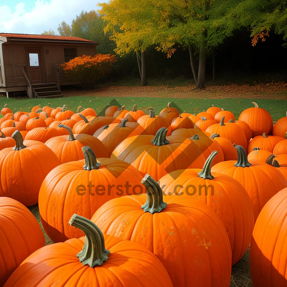 Picture of Festive fall pumpkin decoration with colorful squashes