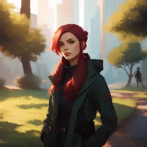 Happy brunette fashion model smiling in the park.