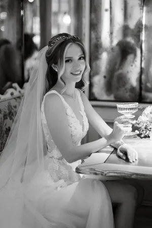 Beautiful bride and groom embrace on wedding day