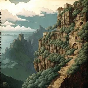 Majestic Cliffside Landscape: A Ravine Overlooking Mountains, Rocks, and River.