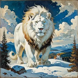 Majestic lion resting in the icy wilderness.