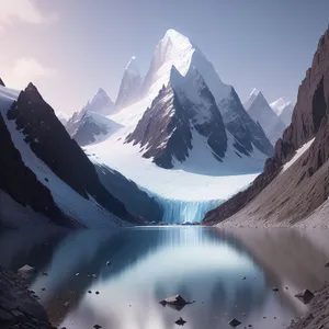 Ethereal Winter Wonderland: Majestic snowy peaks amidst a serene glacier.