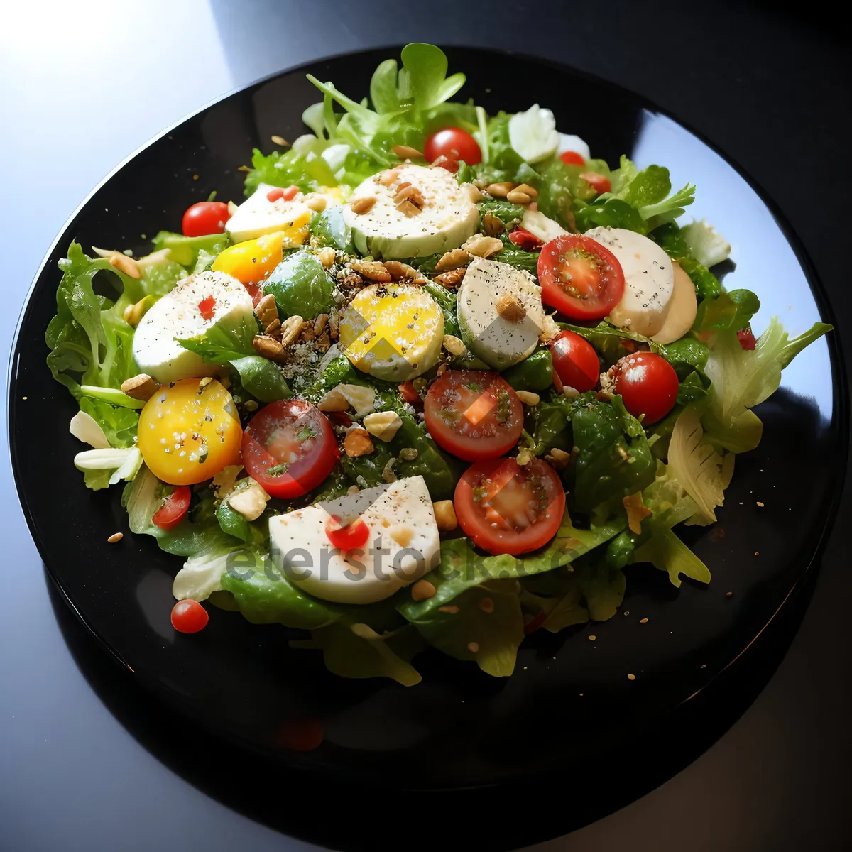 Picture of Fresh vegetable salad with gourmet cheese and olives.