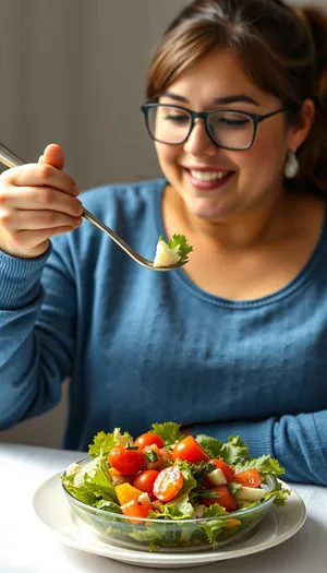 Happy woman happily eating fresh vegetable salad