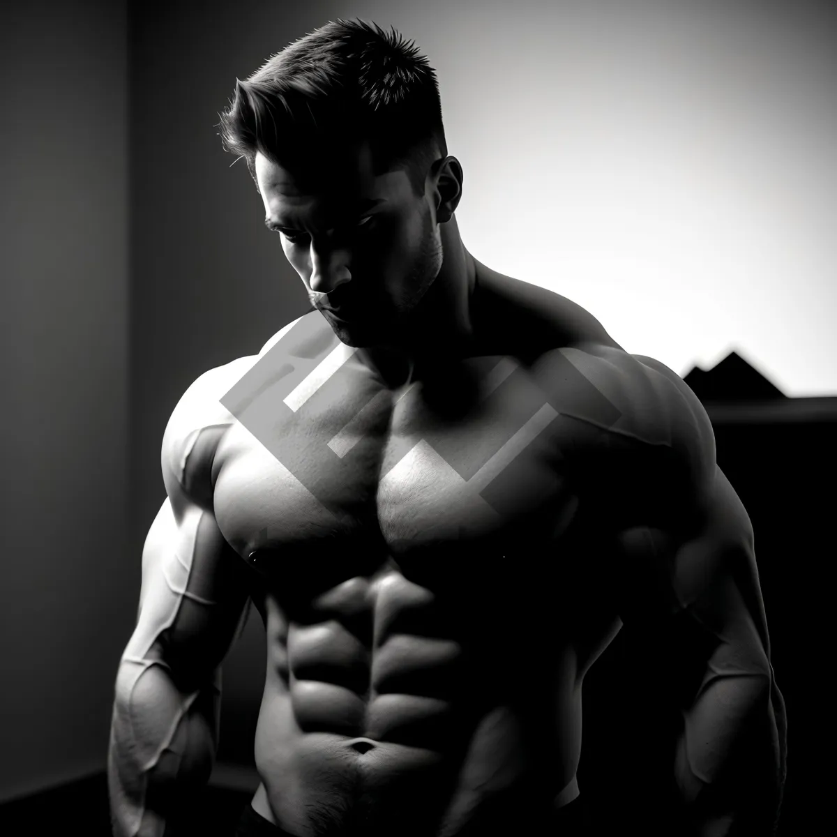 Picture of Masculine Athlete Flexing Muscles in Studio