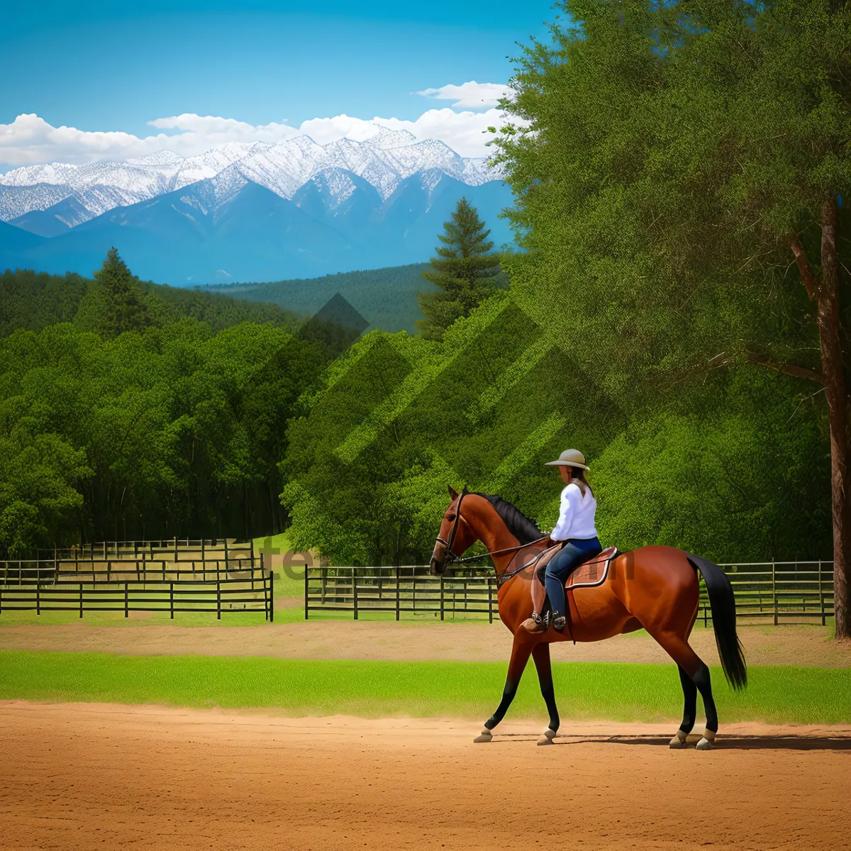 Picture of Thoroughbred horse with polo mallet and rider