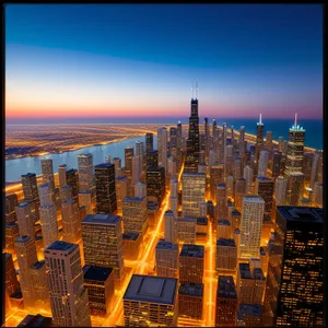 Urban Night Skyline with Glowing Skyscrapers and River