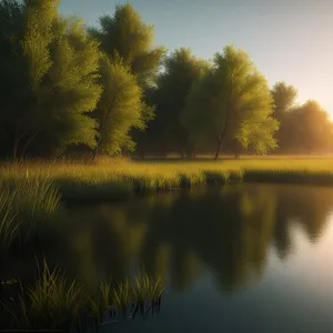 Serene Sunset over Rustic Countryside Landscape