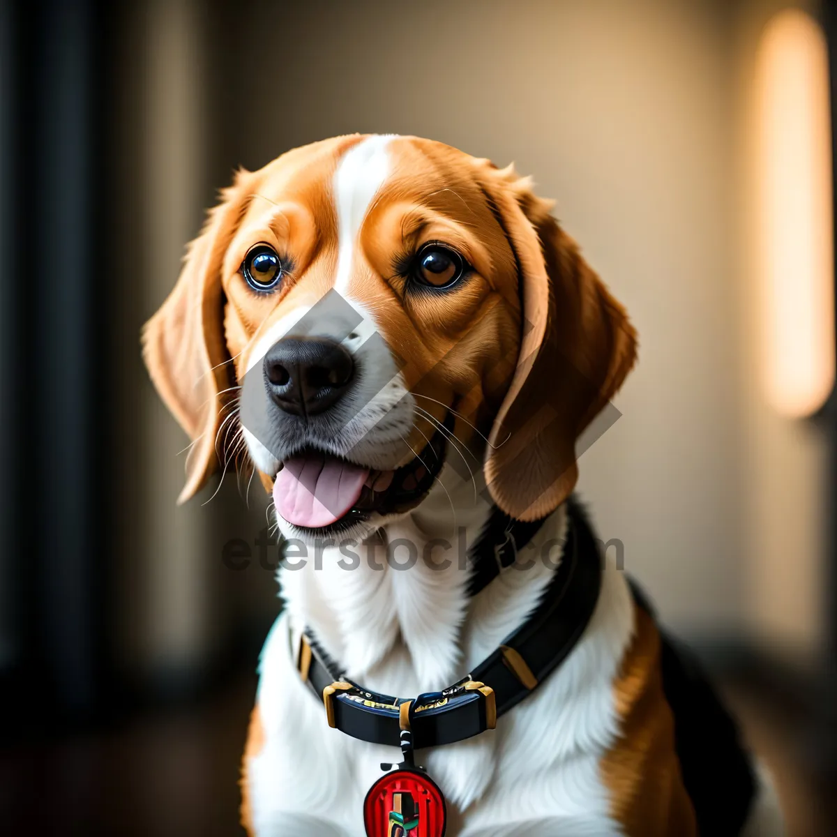 Picture of Purebred Beagle Puppy Sitting with Brown Collar