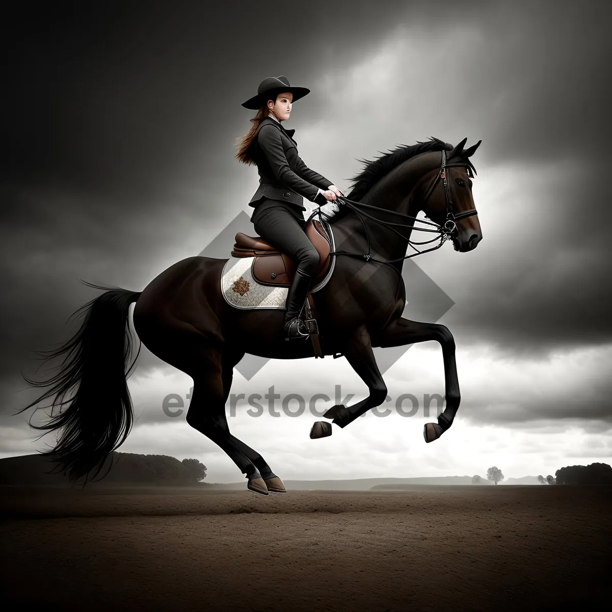 Picture of Silhouette of a Black Horse Racing on Ranch