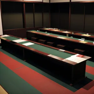 School library classroom with wooden table and bookshelves