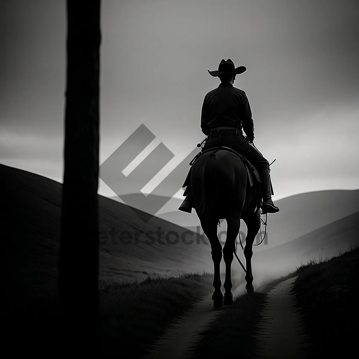 Picture of Dusk Cowboy Silhouette Riding into Evening Sunset