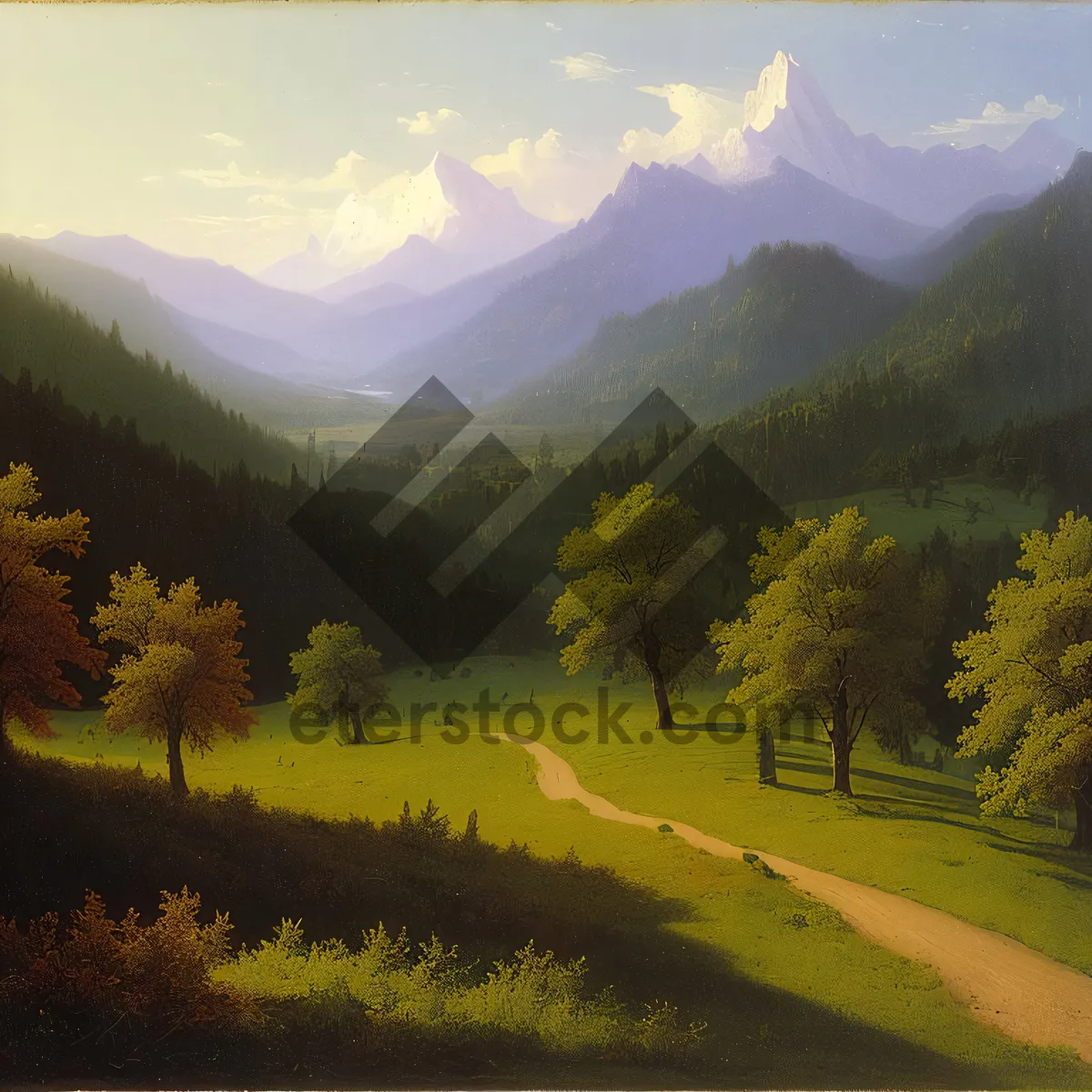 Picture of Autumnal Bliss: Serene Park with Snowy Mountain View