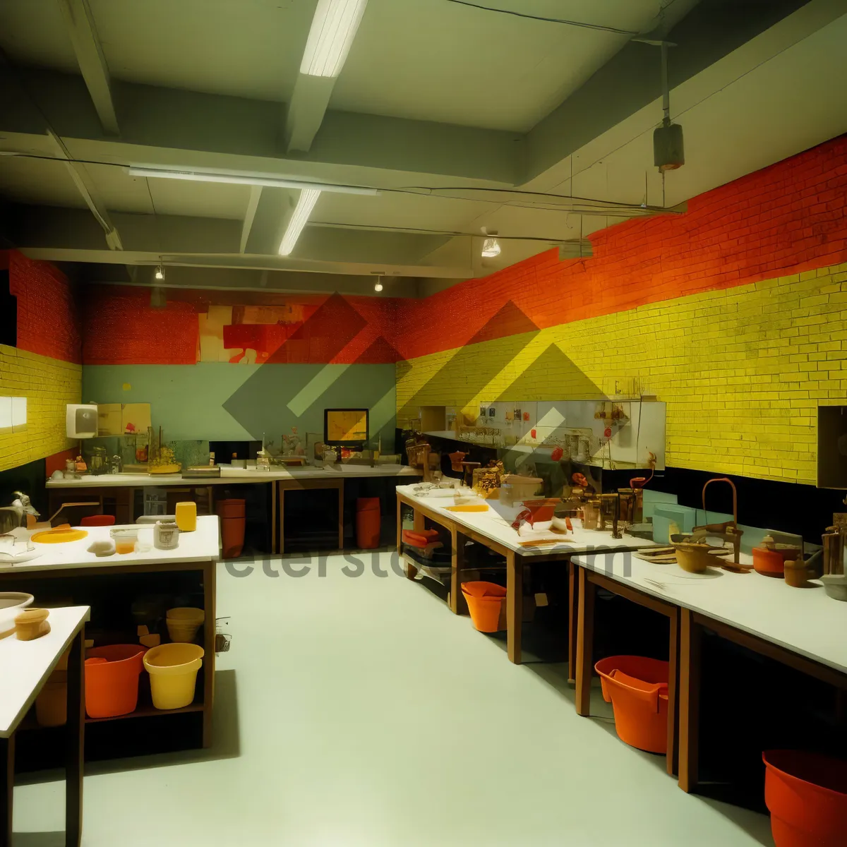Picture of Modern restaurant interior with wooden furniture and lamp