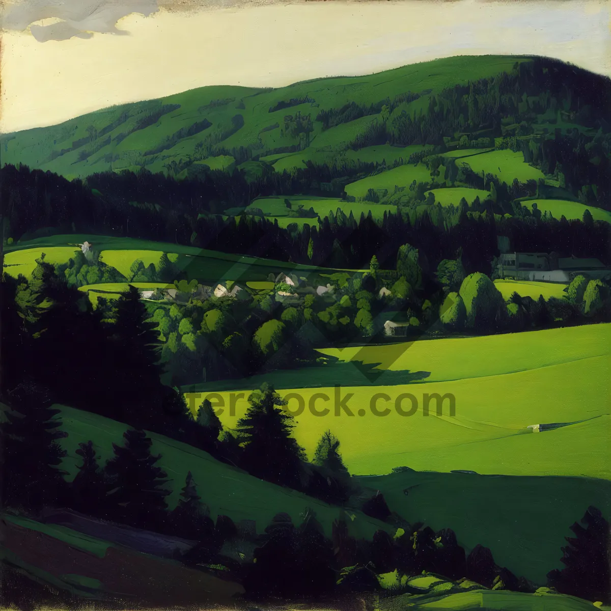 Picture of Serene Summer Countryside Landscape with Mountains and Golf Course