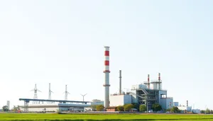 Industrial Tower with Smoking Chimney and Flagpole