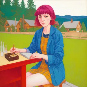 Smiling businesswoman working on laptop in office.