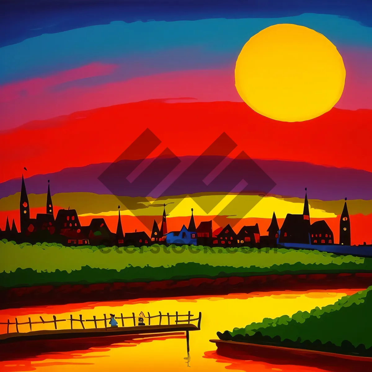 Picture of Vibrant Sunset Horizon Silhouette Over Water