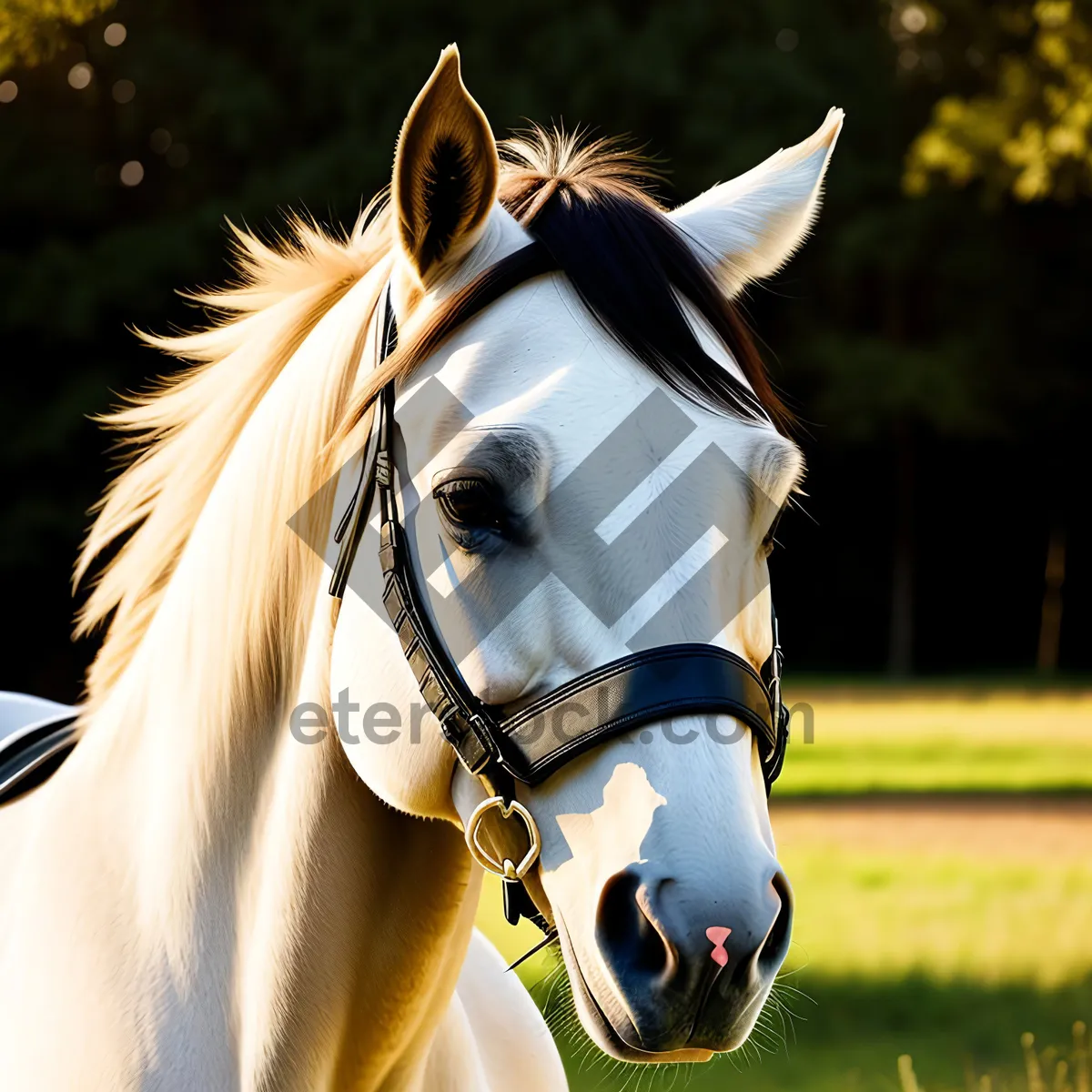Picture of Thoroughbred Stallion in Bridle, Grazing in Meadow