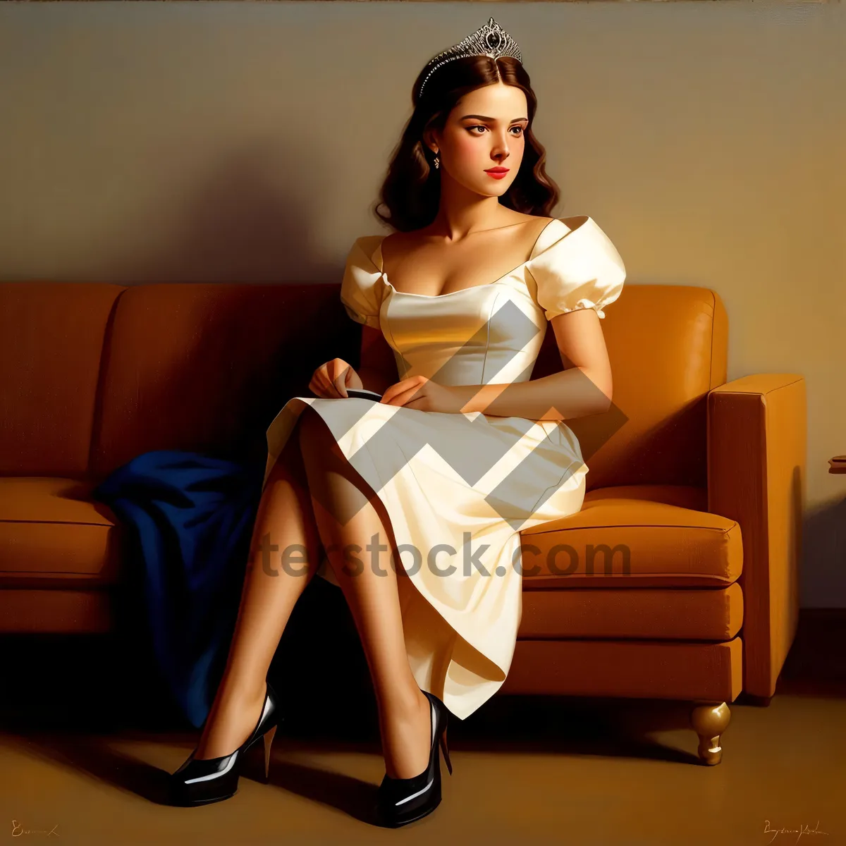 Picture of Sofa siren: Seductive brunette model exudes glamour at home.