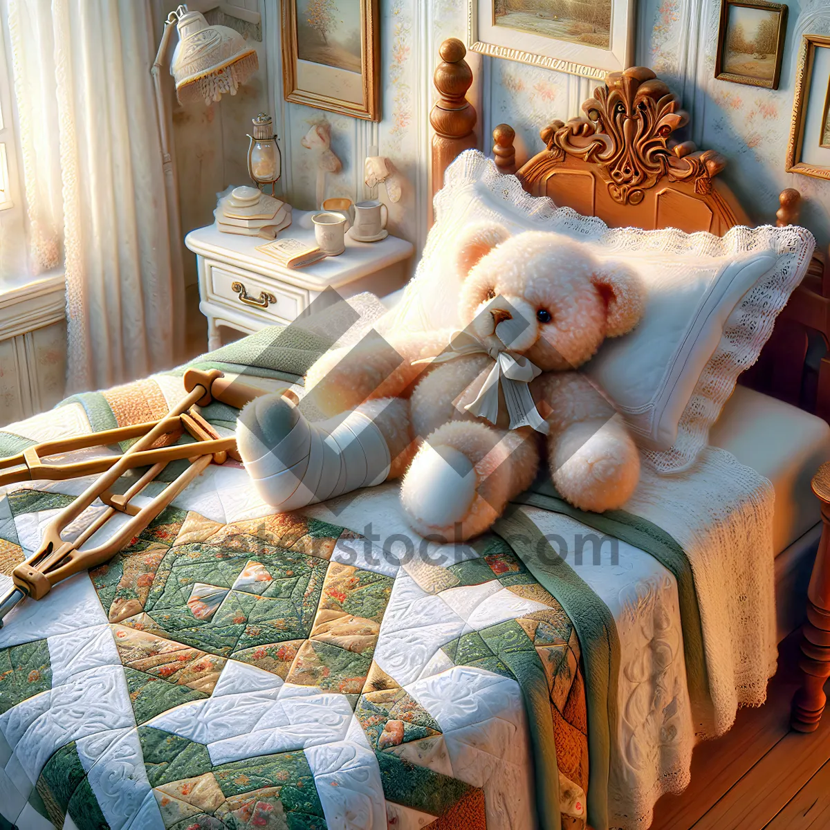 Picture of Cozy bedroom decor with teddy bear pillow and quilt