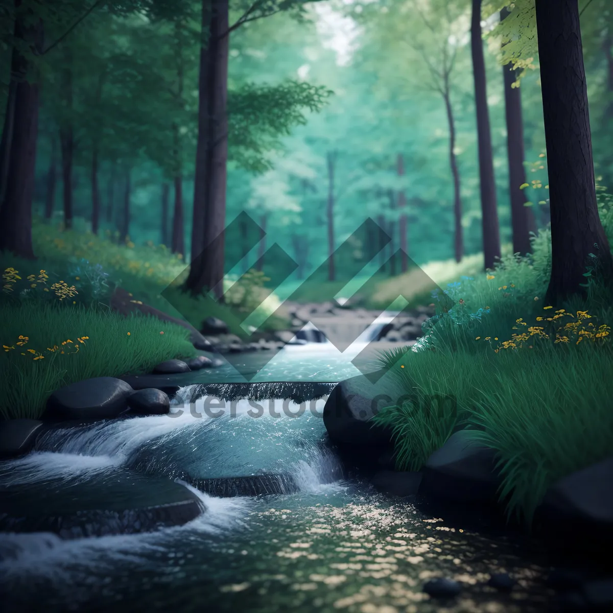 Picture of Serene Cascade in Enchanting Forest Landscape