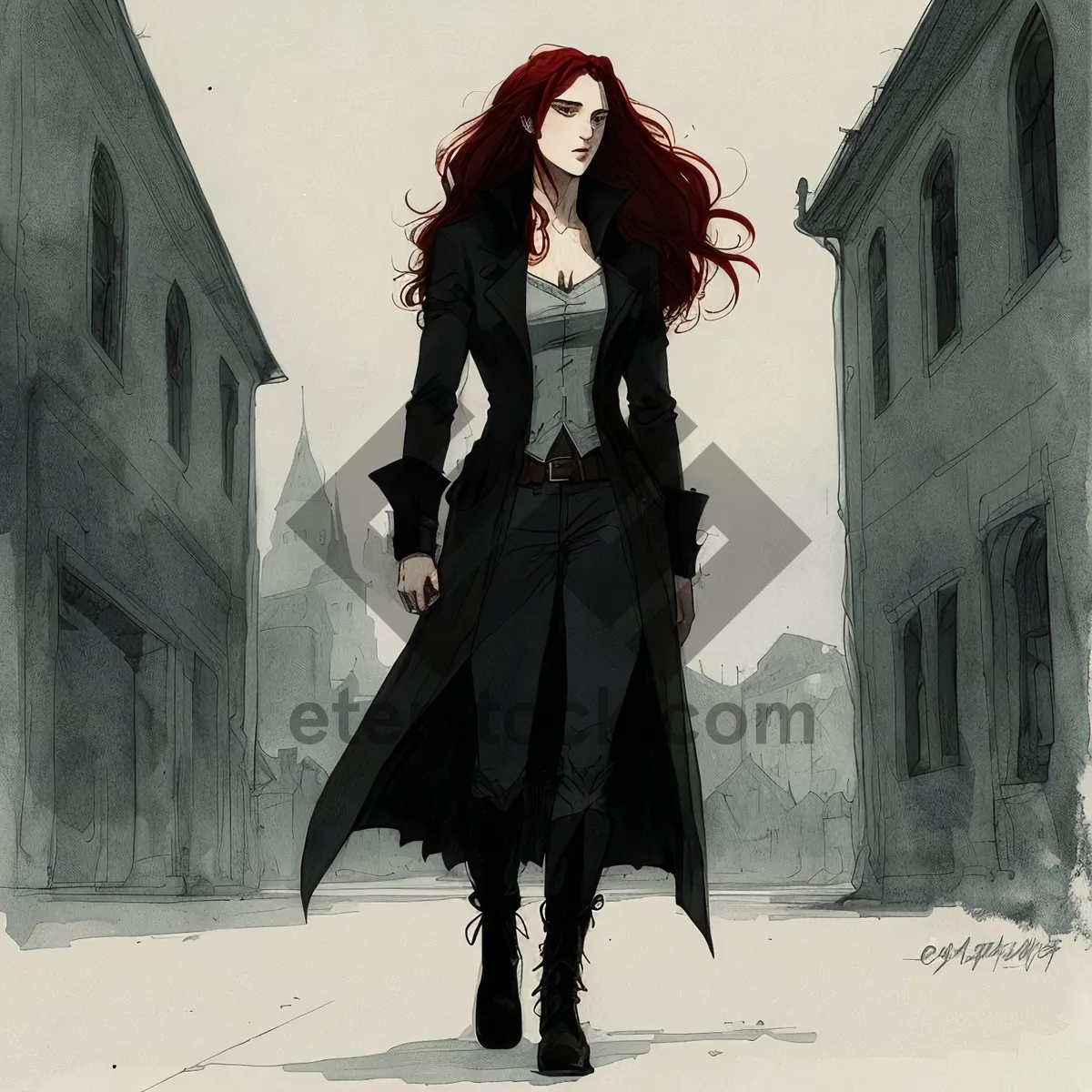 Picture of Cloak-wearing brunette exudes fashionable charm while shopping.