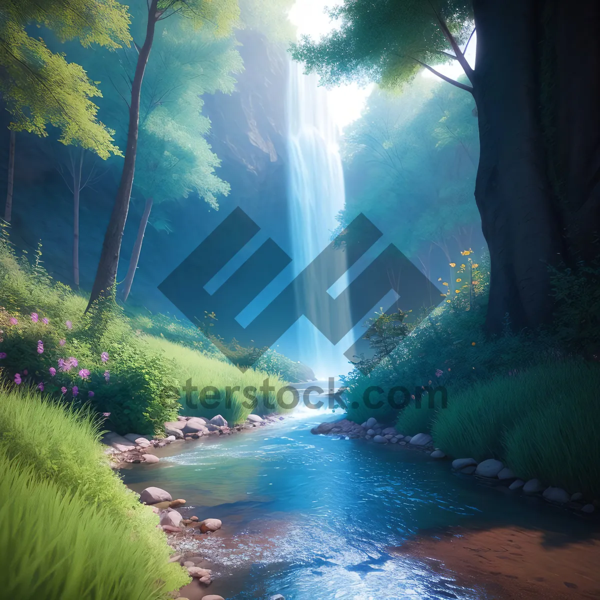 Picture of Serene Cascading River in Lush Forest Landscape