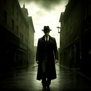 Dapper Man in Raincoat and Hat, City Street