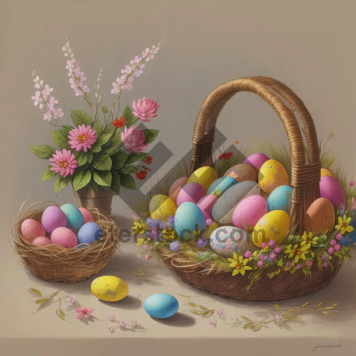 Picture of Colorful Easter Egg Basket with Rattan and Wicker Decorations