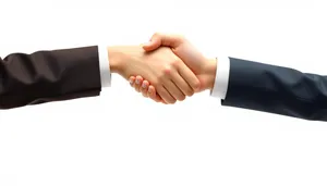 Male businessman holding hand in successful communication gesture.