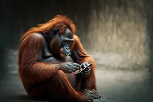 Wildlife primate portrait with brown hair - Orangutan monkey.