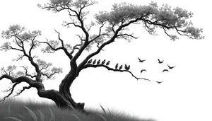 Silhouette of oak tree branches against sky landscape.