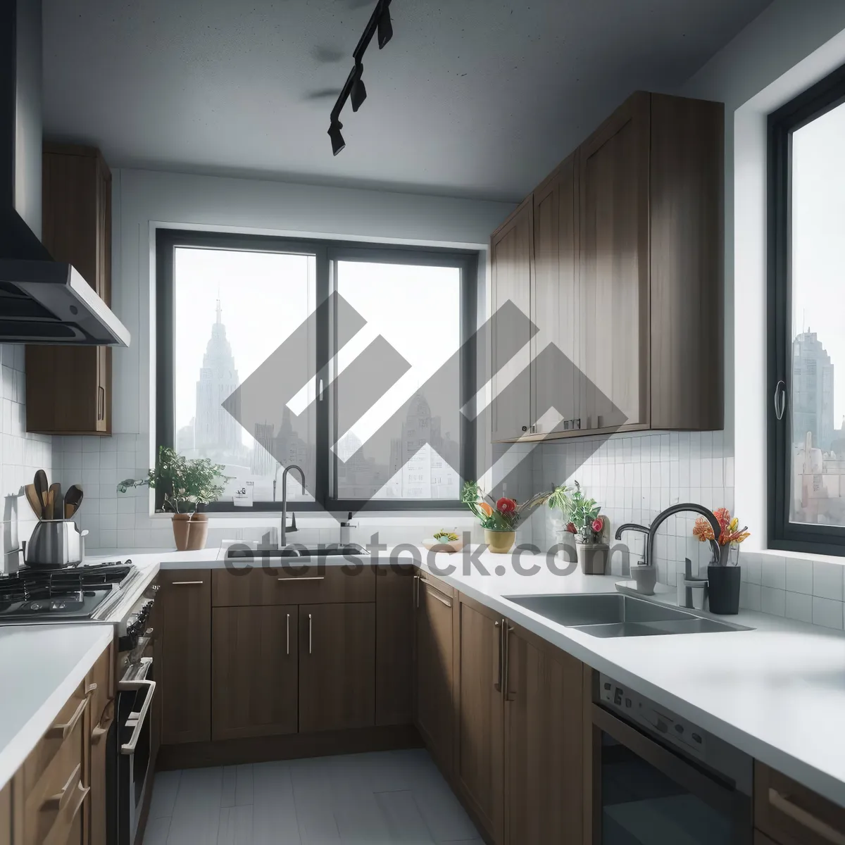 Picture of Modern kitchen with stainless steel appliances and wood accents.