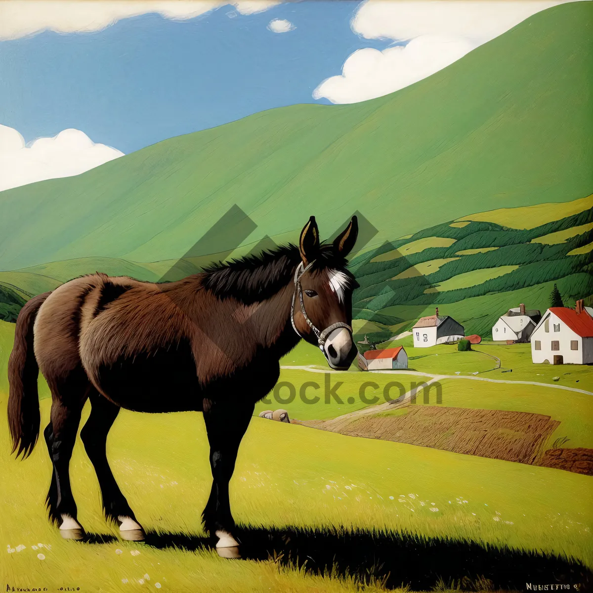 Picture of Majestic Stallion Galloping Through Rural Meadow