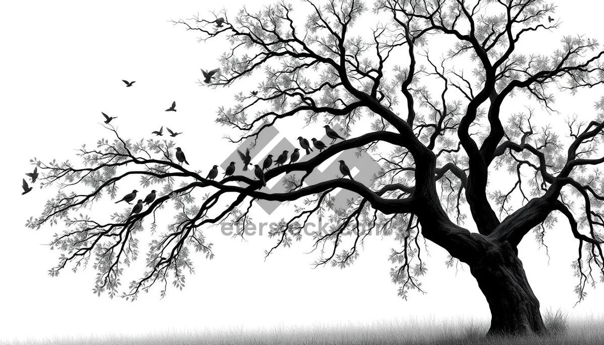Picture of Winter silhouette of oak tree against snowy sky.