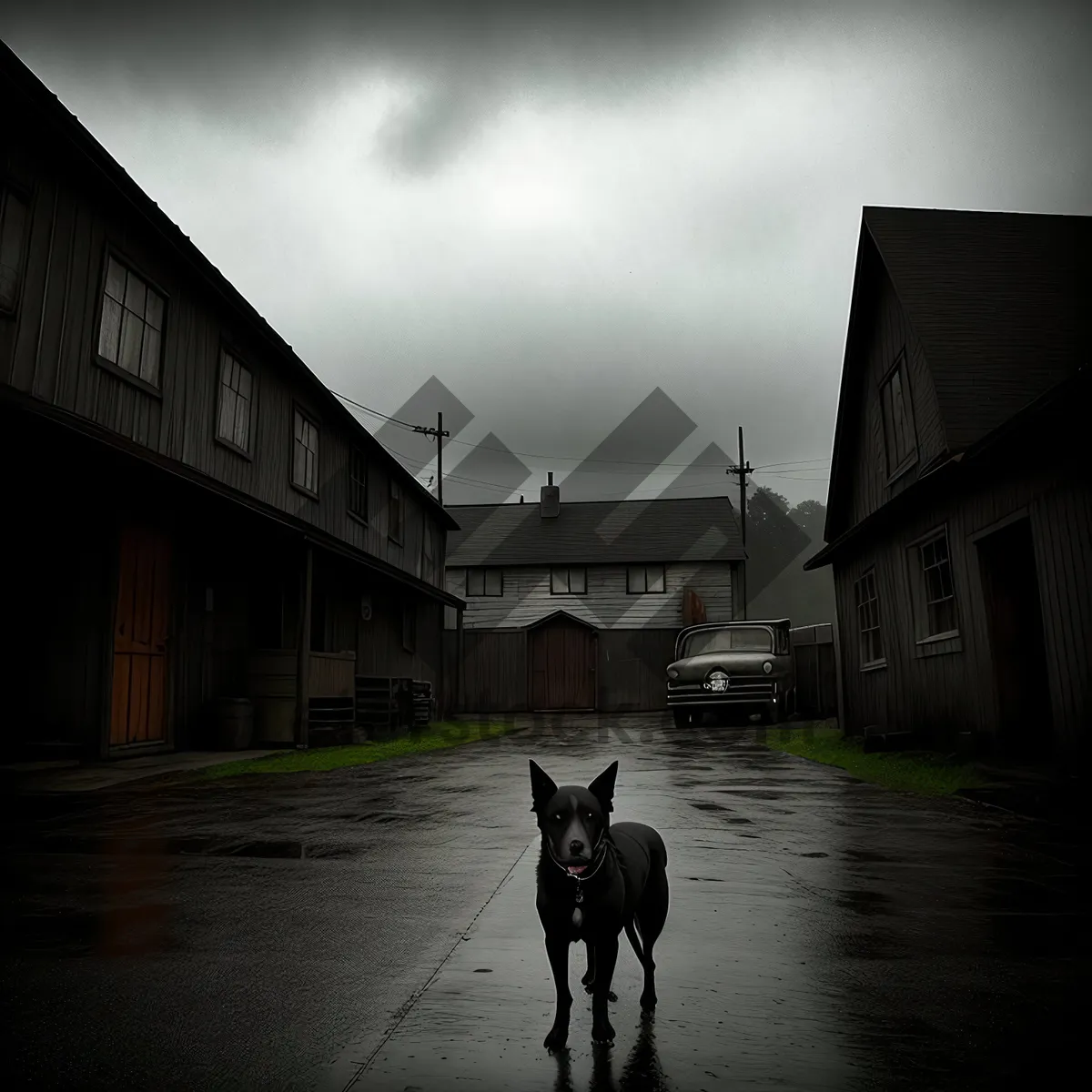 Picture of Canine Farm Stallion: Majestic Shepherd Dog and Terrier in Carriage