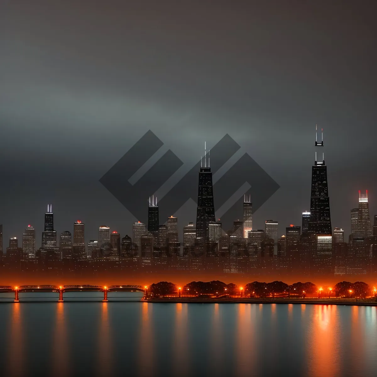 Picture of City Lights Reflecting on Waterfront Skyline at Night